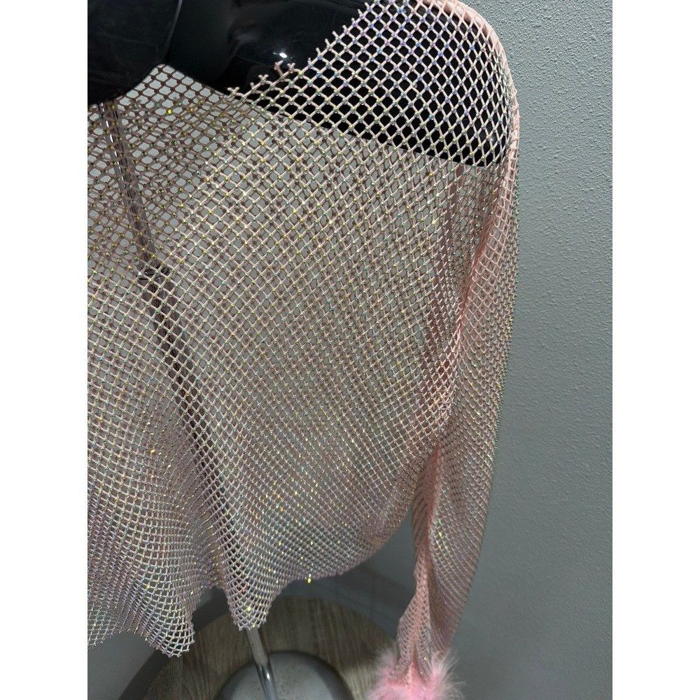 Pink Sparkly Mesh Top Long Sleeve with Feather Cuffs - Picture 3 of 4